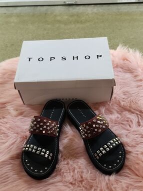 Topshop Black Slide Sandals with Burgundy Studded Straps
